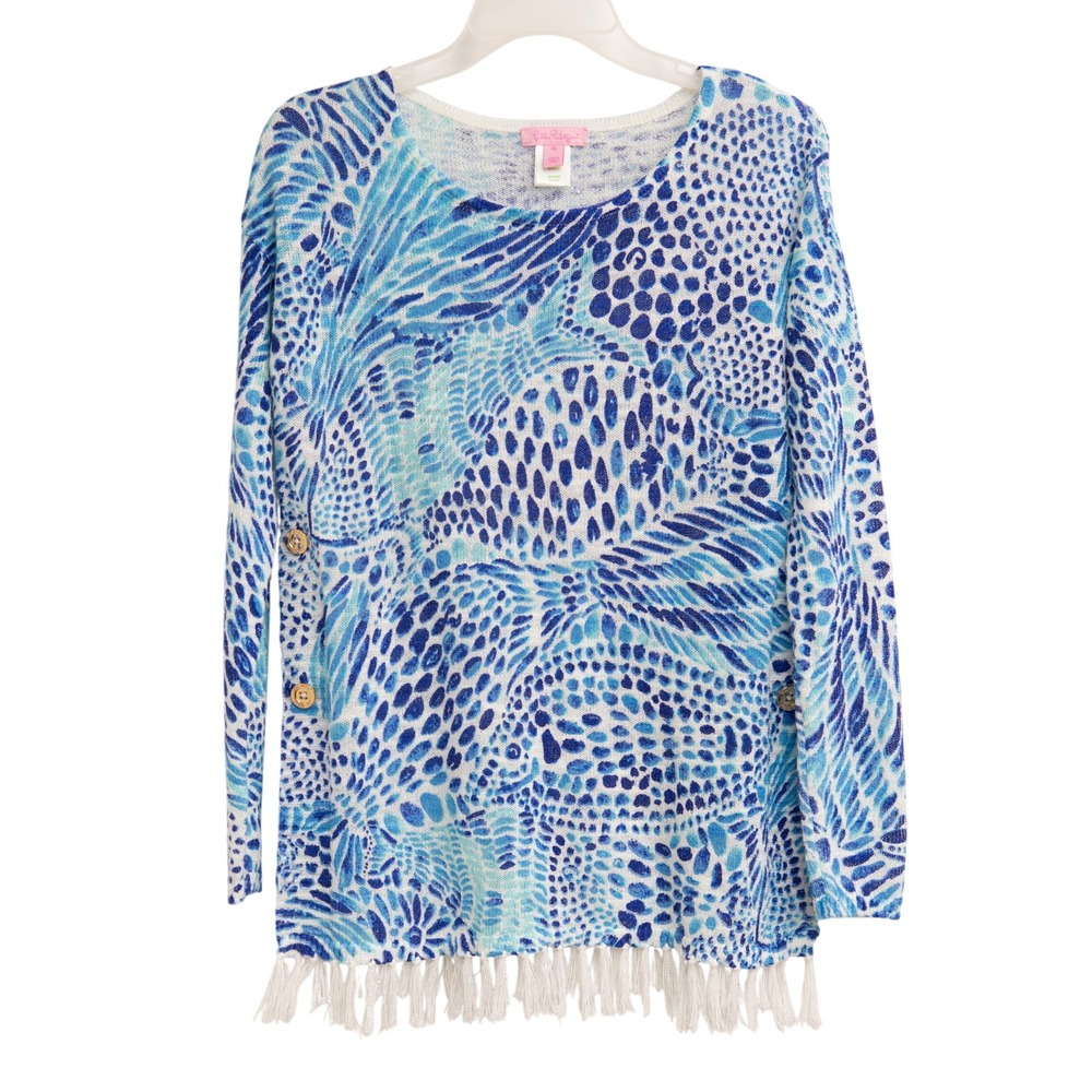Lilly Pulitzer Knit Sweater Sz XS Fringe Gold Buttons Blue Fish Nautical Beachy